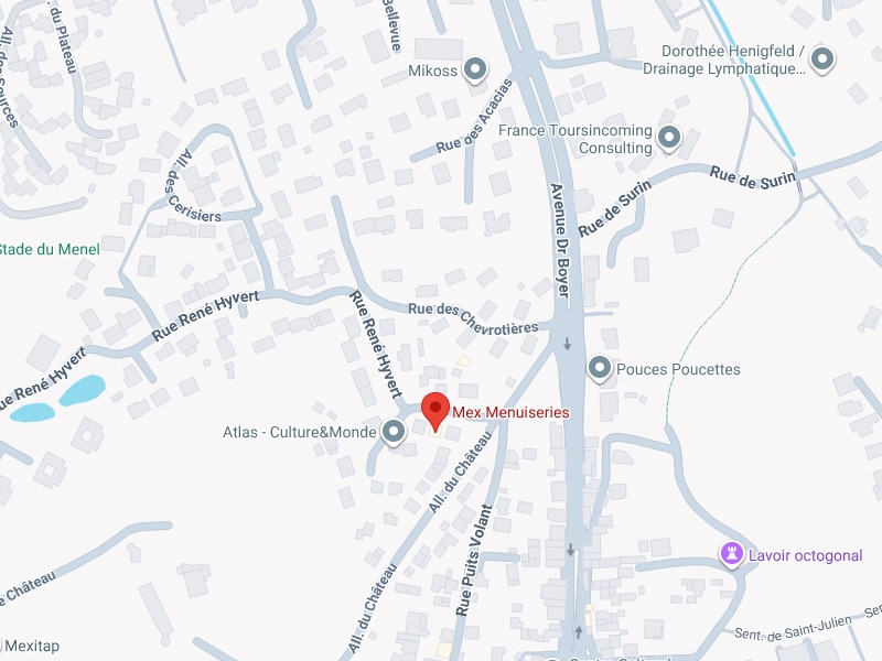 Mex Menuiseries : Localisation et Accès sur Plan de Quartier Plan de quartier avec marqueur rouge sur Mex Menuiseries, entre la Rue René Hyvert et l'Allée du Château.