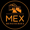 Logo orange et noir MEX MENUISERIES avec icône de maison stylisée pour services de menuiserie et habitat.