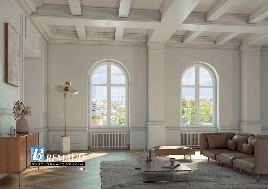 Fenêtres cintrées Bremaud : élégance et design de salon Salon design avec fenêtres cintrées Bremaud, menuiserie blanche PVC alu, plafond à caissons et mobilier élégant.