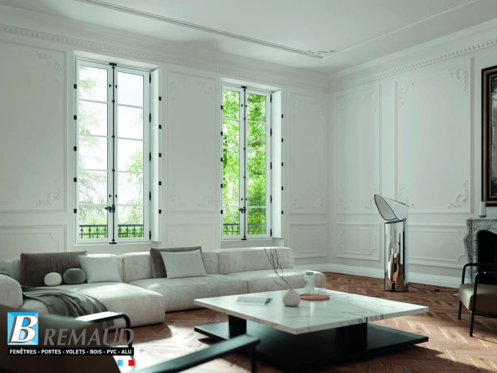 Fenêtres B Remaud : Éclat et Style Haussmannien en Salon Salon de style haussmannien avec fenêtres blanches B Remaud, parquet ancien et mobilier moderne élégant.