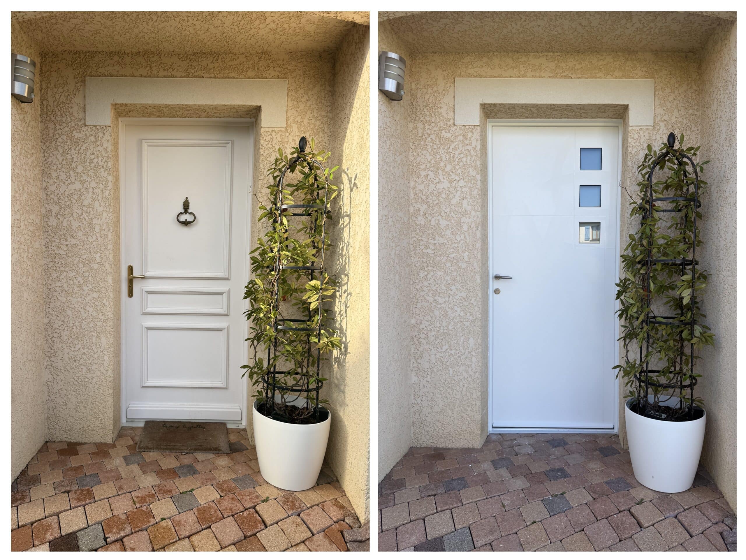Remplacement de porte d’entrée : avant et après moderne Comparaison avant-après : remplacement d'une porte d'entrée classique par une porte blanche moderne à trois vitrages.