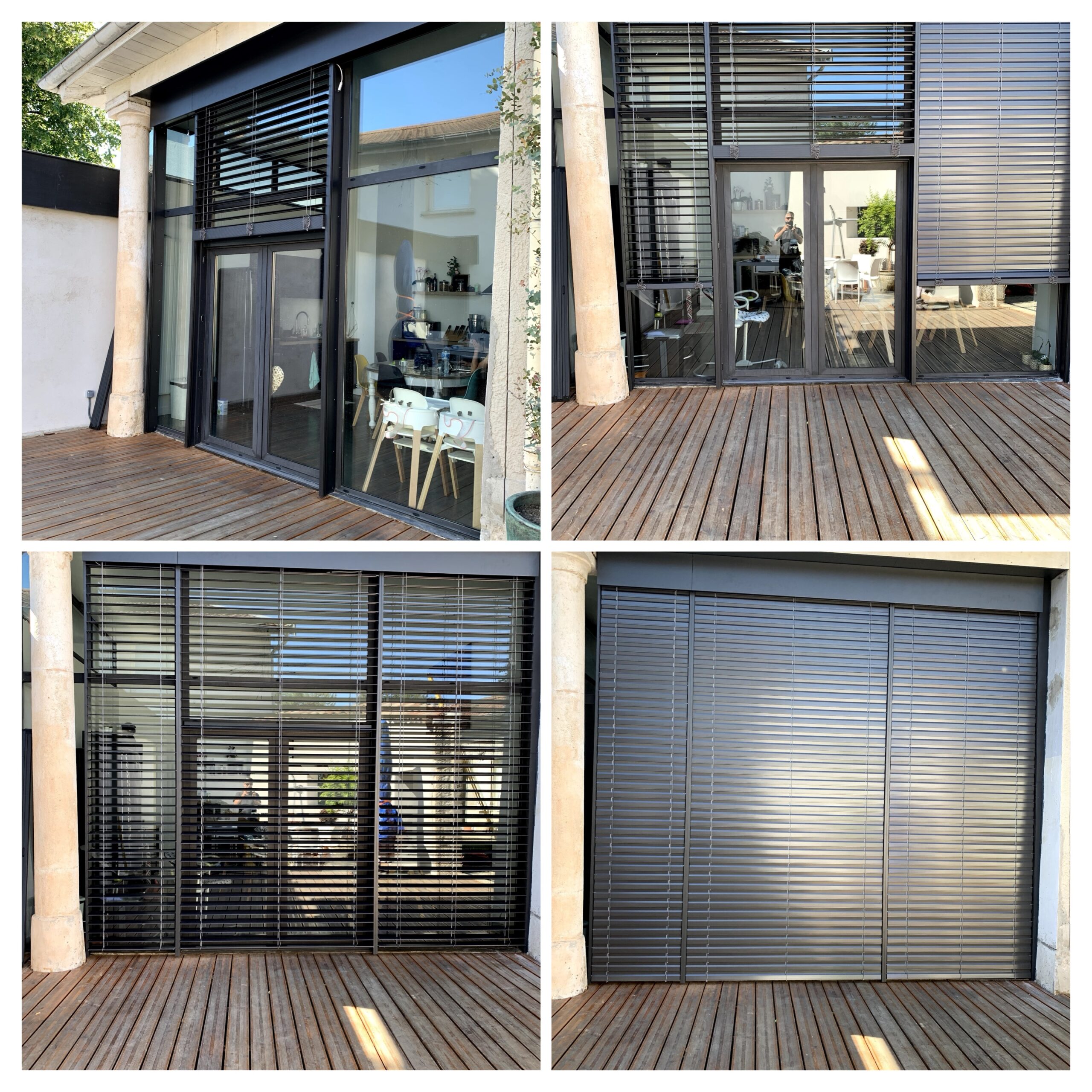 Brise-soleil orientables (BSO) motorisés sur une baie vitrée avec terrasse en bois moderne.