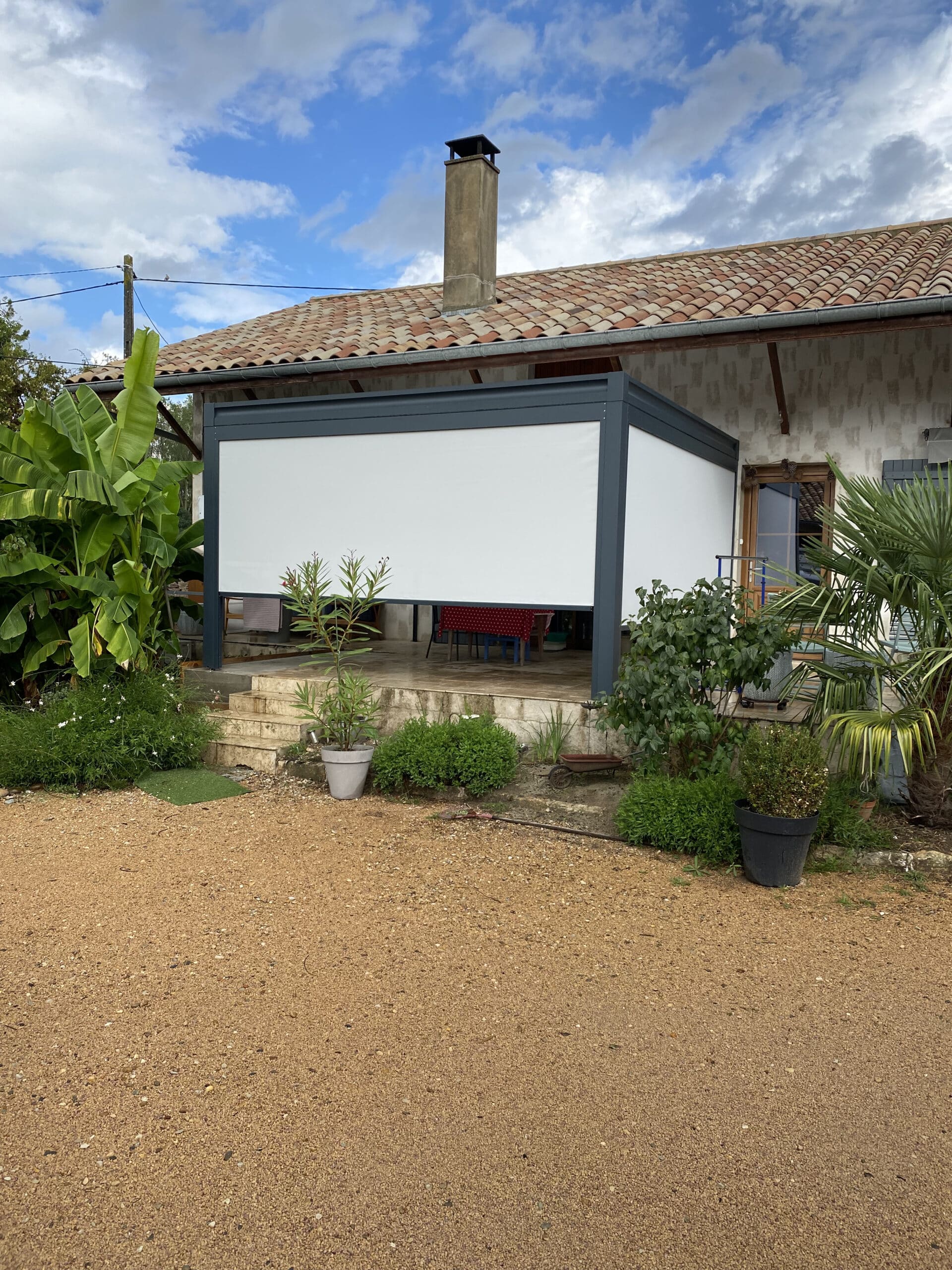 Pergola moderne grise avec stores blancs sur terrasse, jardin paysager avec bananiers et sol en gravier.