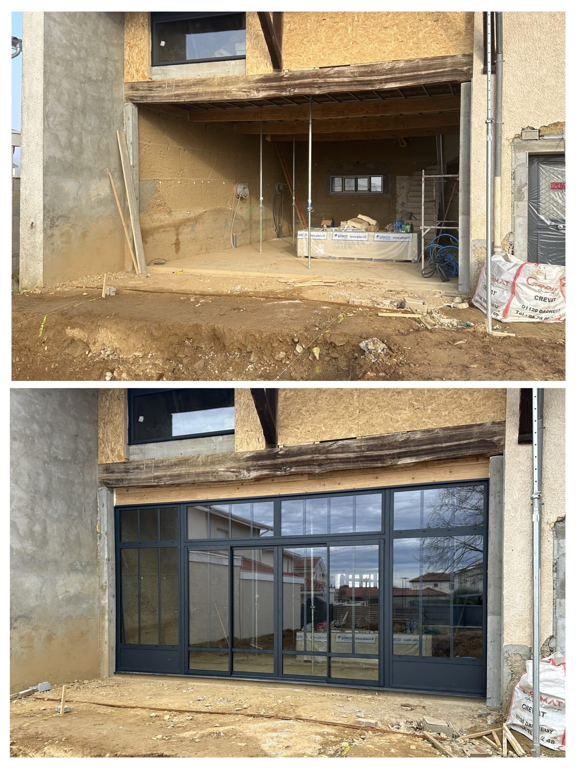 Rénovation d'une façade : avant-après la pose d'une baie vitrée noire de style verrière industrielle.