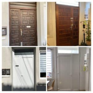 Remplacement porte bois PROPRIÉTÉ PRIVÉE par porte PVC blanche moderne, vues avant après intérieur et extérieur.