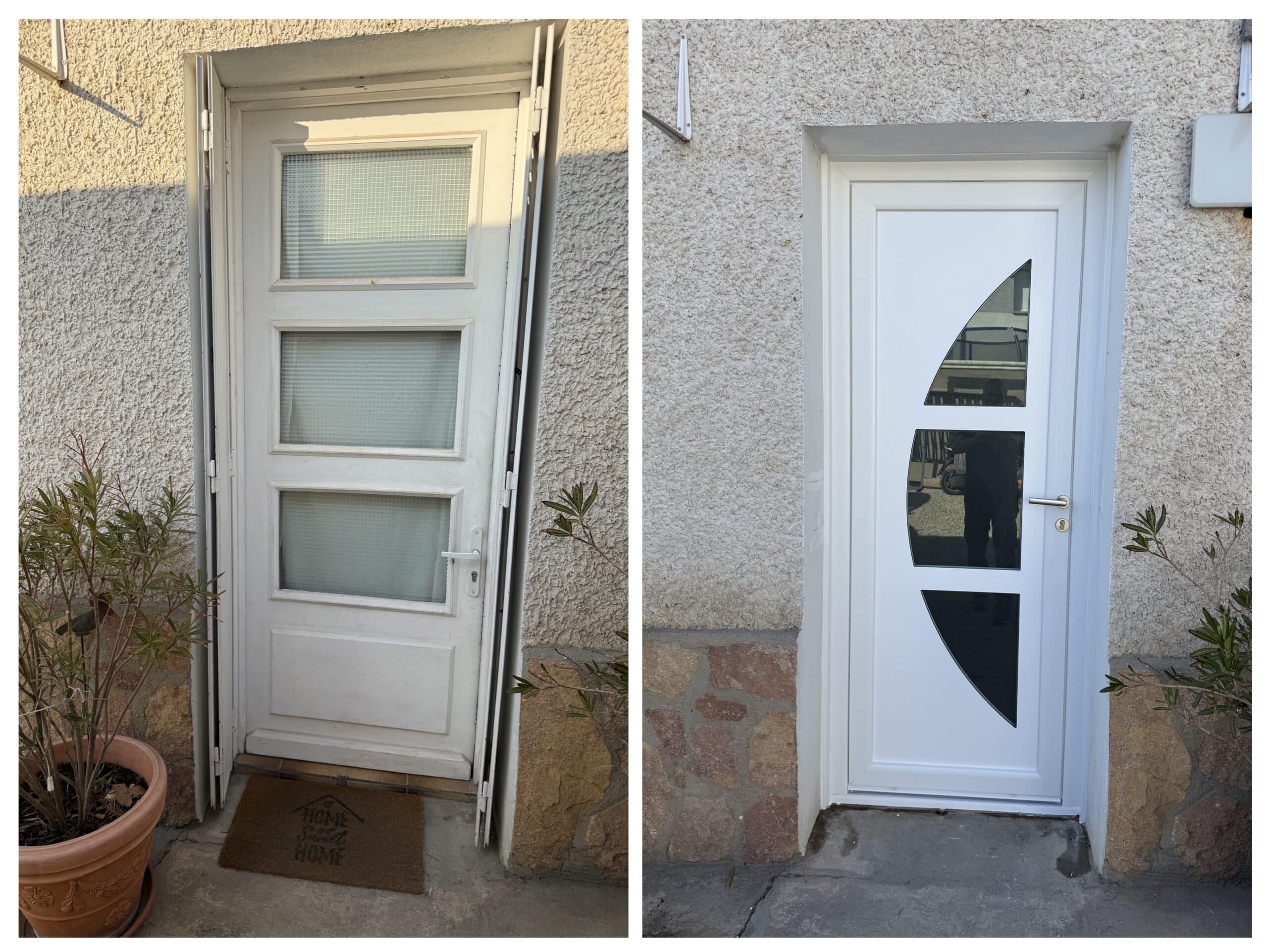 Comparaison avant-après du remplacement d'une porte d'entrée ancienne par un modèle moderne blanc à vitrage design.