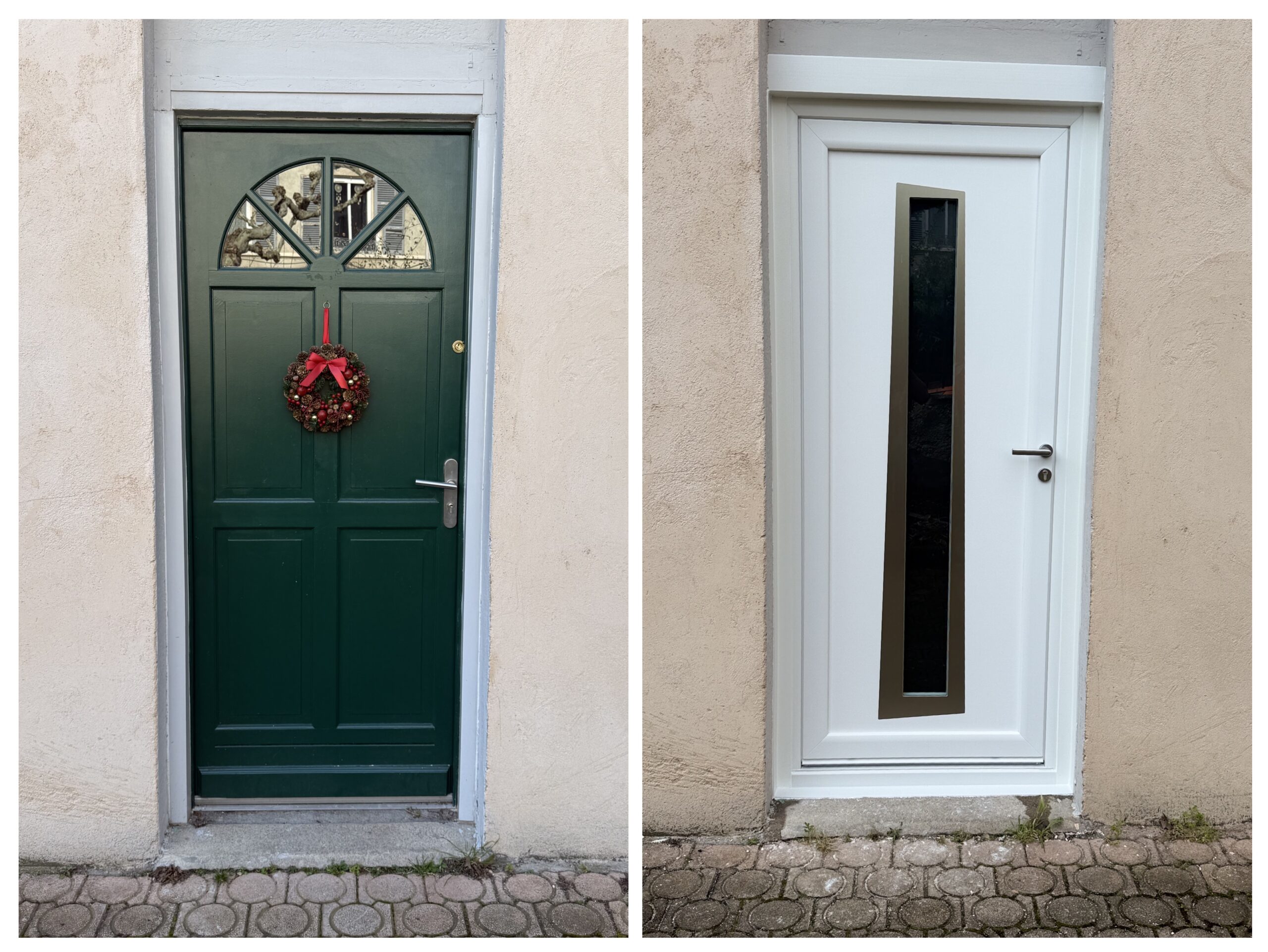 Remplacement d'une porte traditionnelle verte par une porte d'entrée moderne blanche avec vitrage vertical.