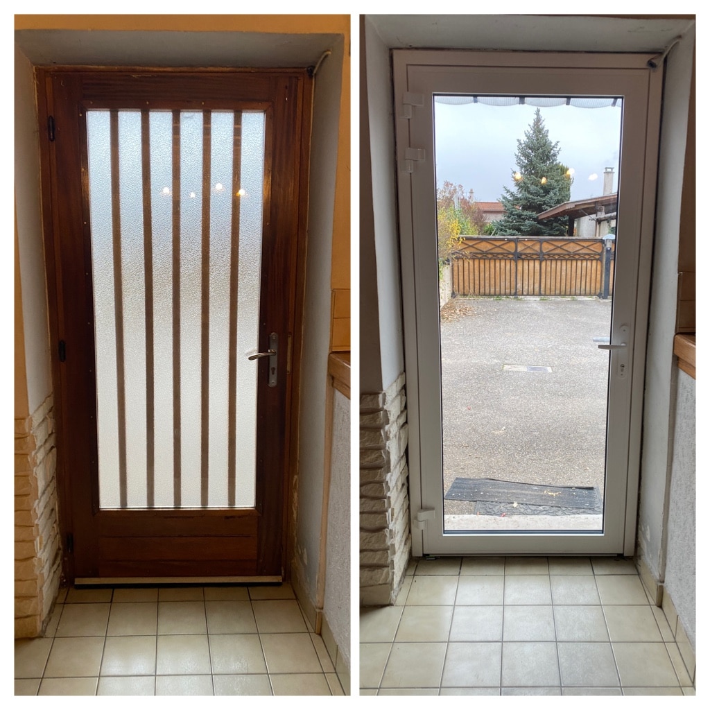 Avant-après remplacement d'une porte en bois par une porte d'entrée vitrée blanche moderne et lumineuse.