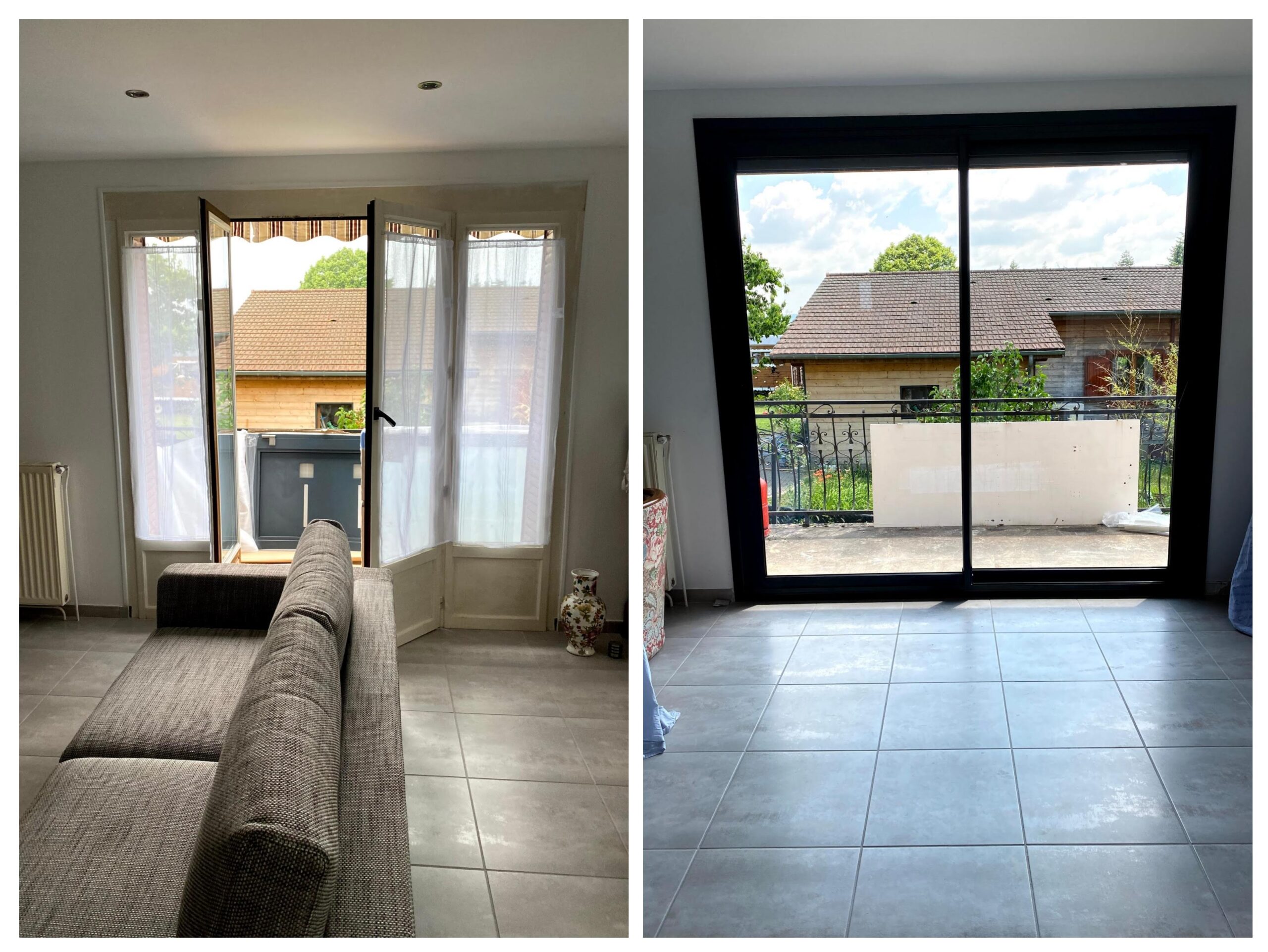 Comparaison avant-après d'un remplacement de porte-fenêtre blanche par une grande baie vitrée coulissante noire moderne.