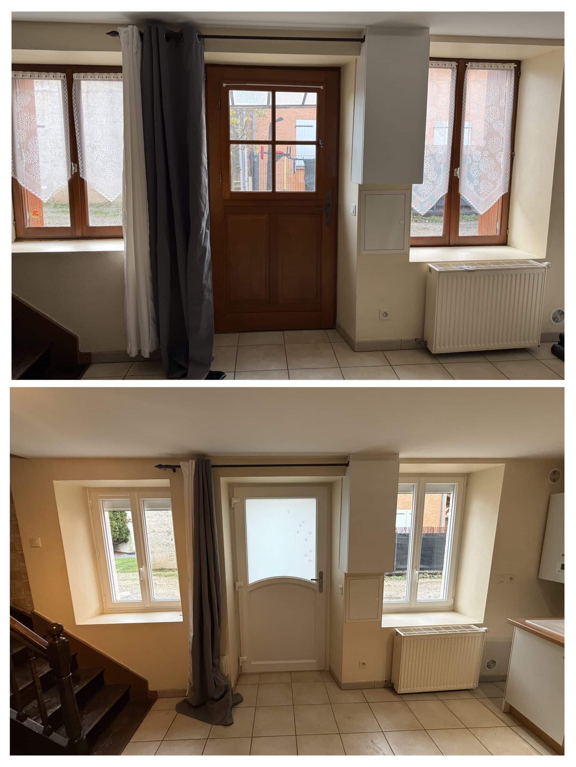Avant/après d'une rénovation : fenêtres en bois remplacées par du PVC blanc et nouvelle porte d'entrée moderne.