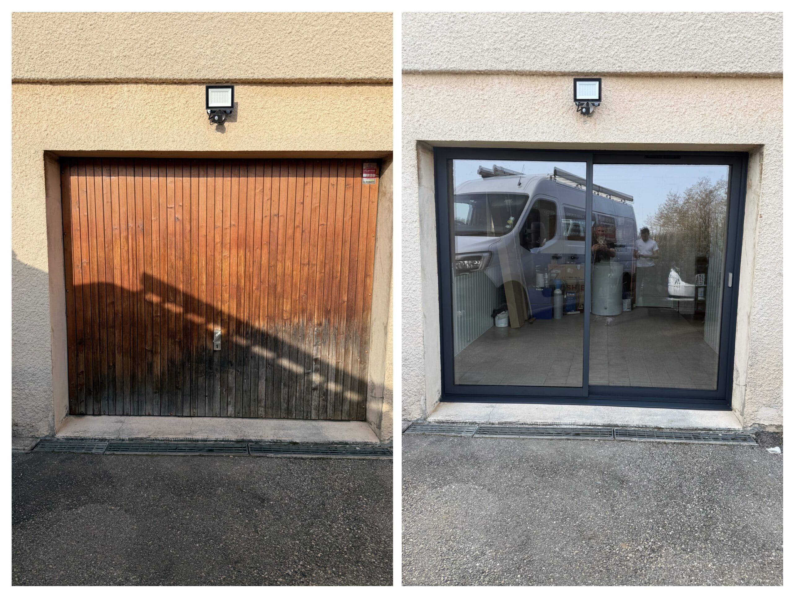 Rénovation : remplacement d'une porte de garage en bois par une baie vitrée coulissante moderne en aluminium gris.