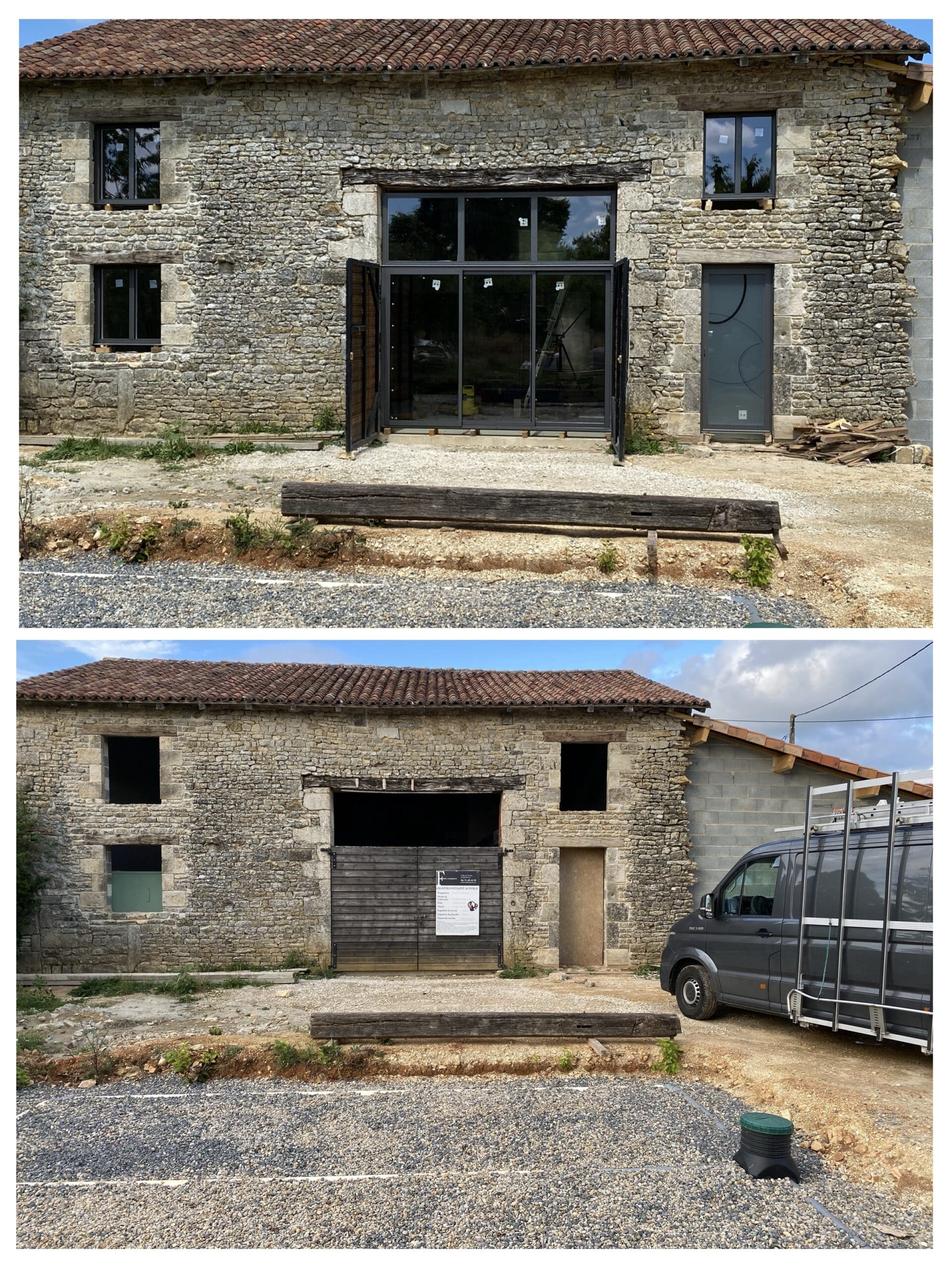 Rénovation grange en pierre : pose de baies vitrées et fenêtres noires modernes sur façade traditionnelle.