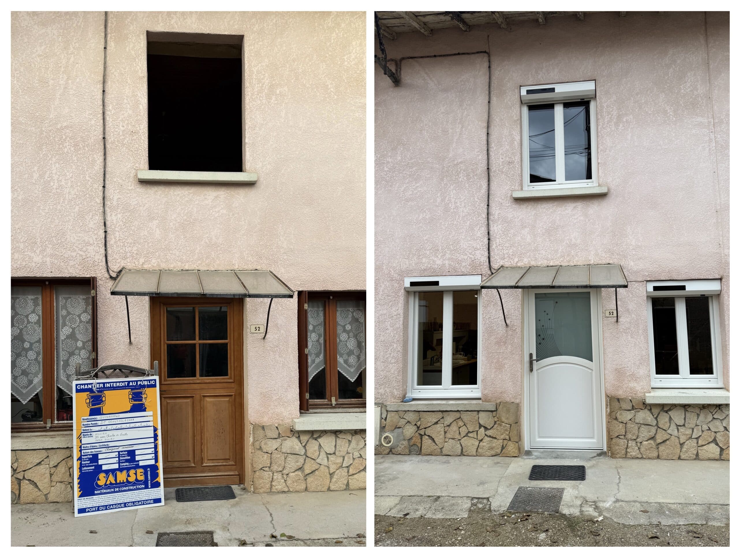 Avant-après rénovation au n°52 : remplacement de porte et fenêtres en bois par des menuiseries en PVC blanc moderne.