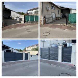 Avant-après de l'installation d'un portail battant moderne en aluminium gris anthracite avec piliers blancs maçonnés.