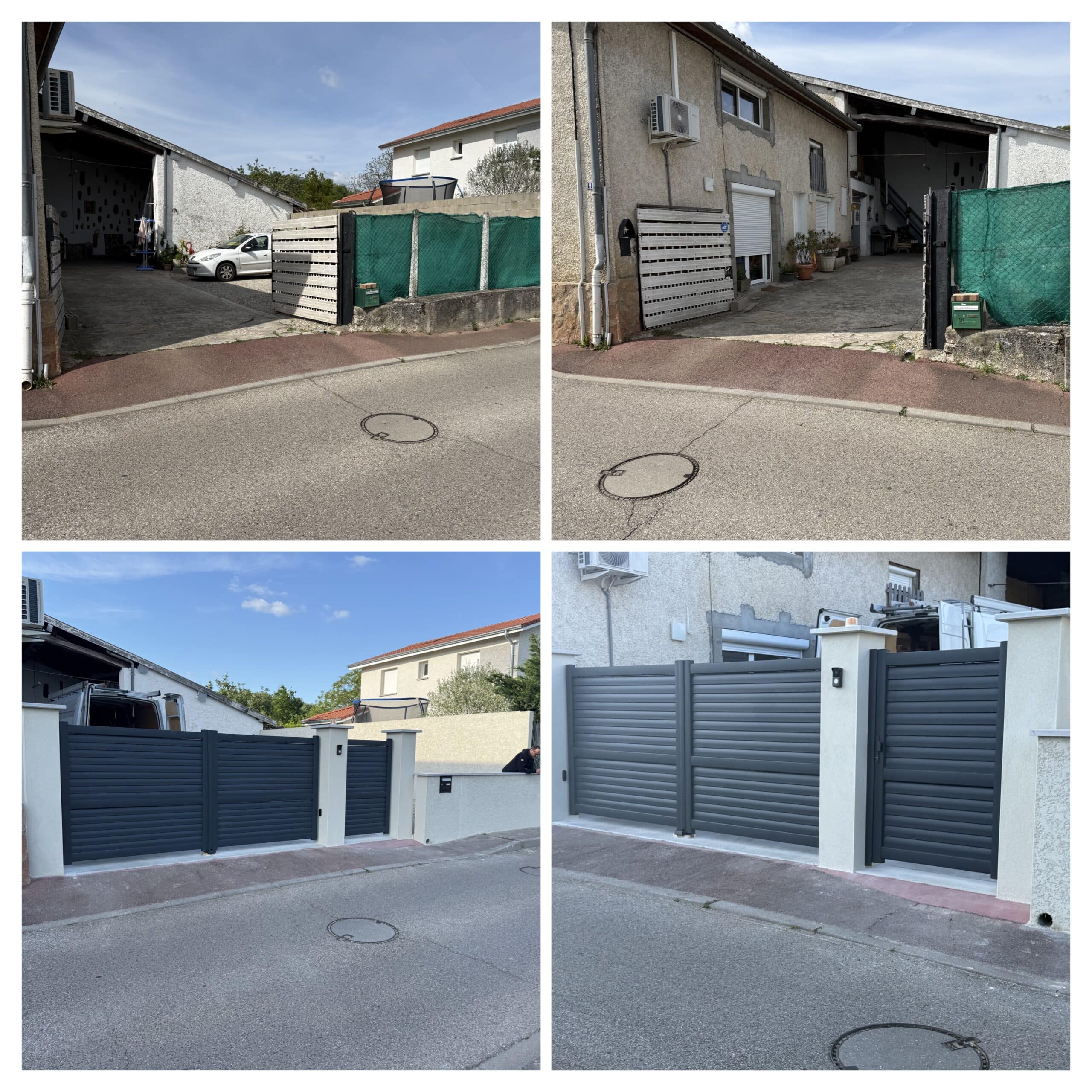 Avant-après de l'installation d'un portail battant moderne en aluminium gris anthracite avec piliers blancs maçonnés.