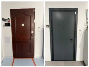 Avant après rénovation d'une porte d'entrée : d'un bois sombre classique à un gris anthracite moderne et épuré.