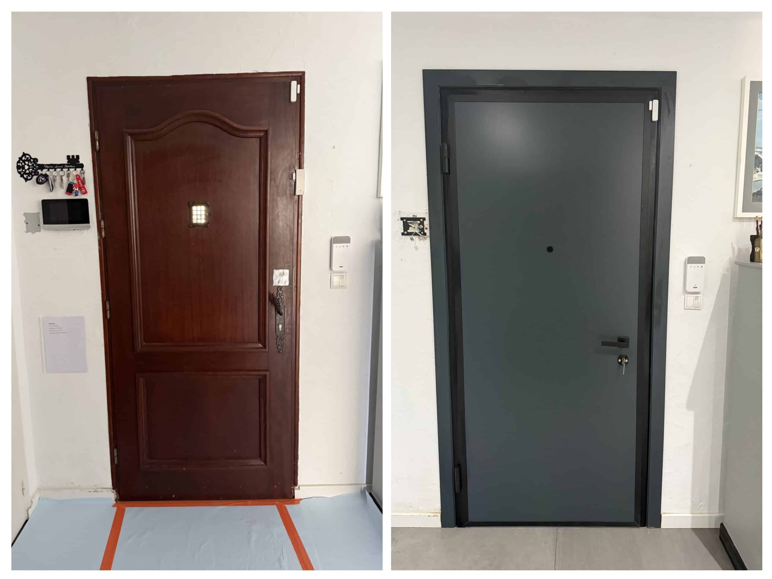 Avant après rénovation d'une porte d'entrée : d'un bois sombre classique à un gris anthracite moderne et épuré.