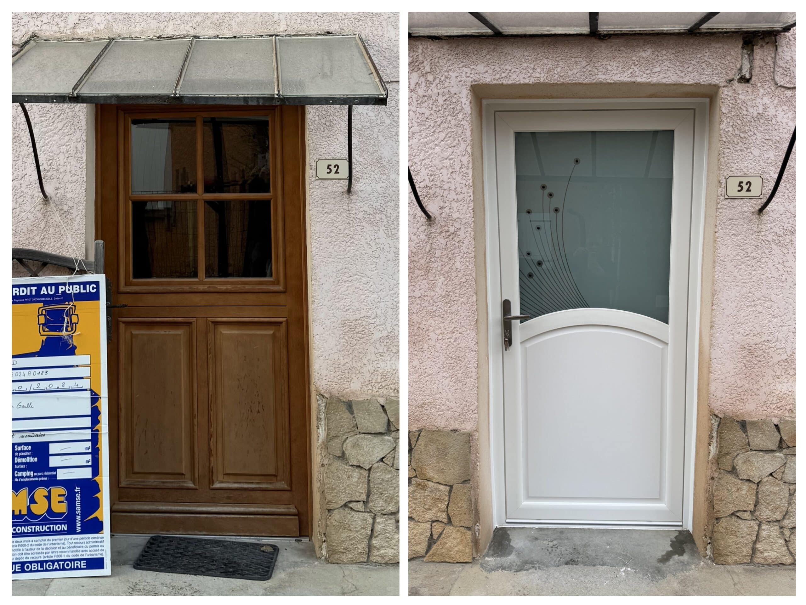 Avant-après d'une rénovation : porte d'entrée en bois remplacée par un modèle blanc vitré moderne au numéro 52.