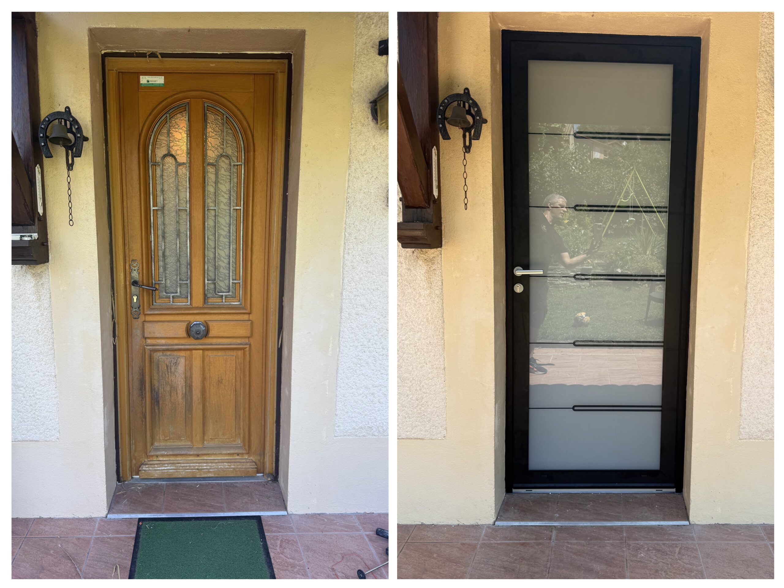 Avant-après : remplacement d'une porte d'entrée en bois rustique par un modèle vitré noir moderne et contemporain.