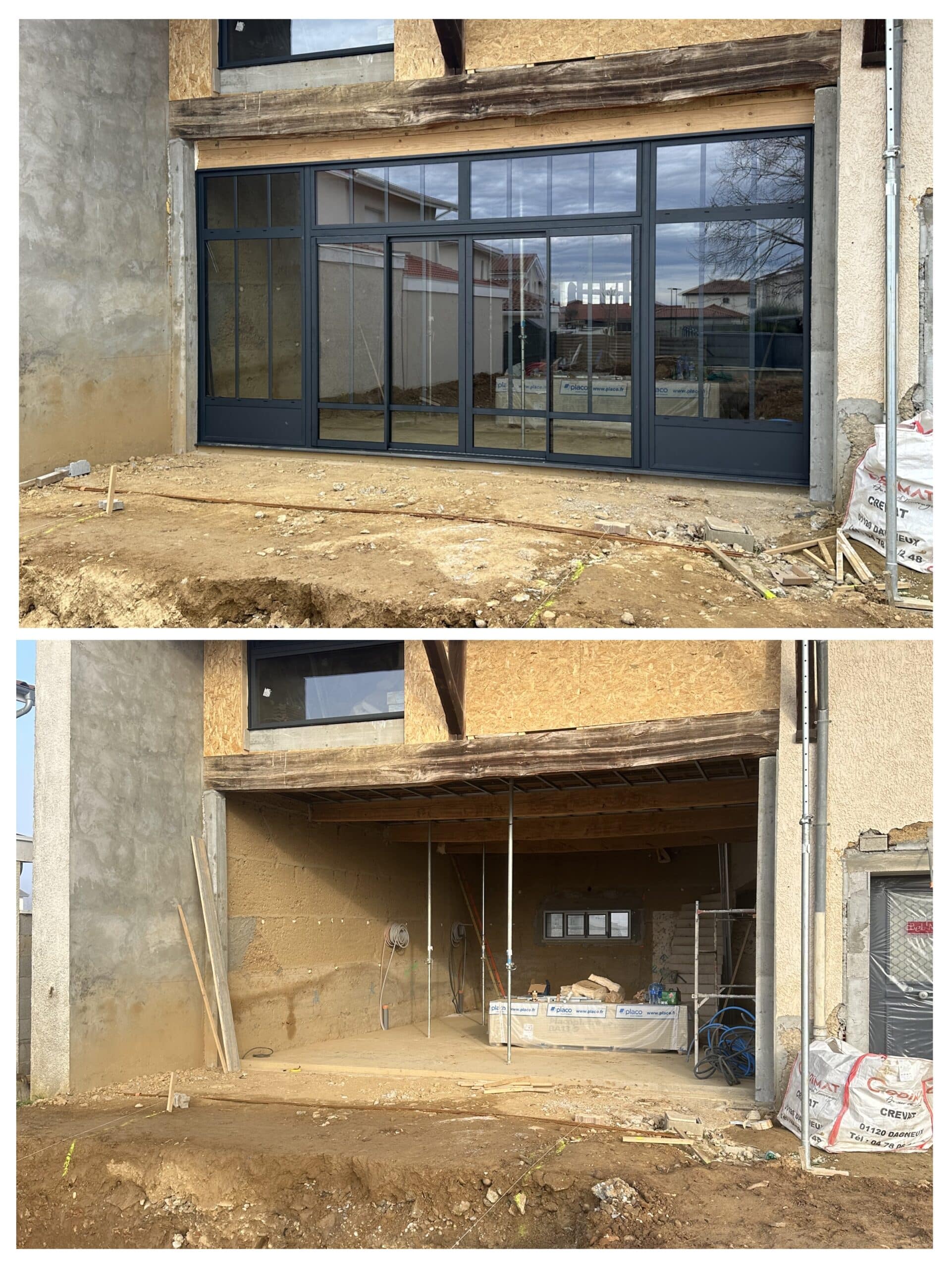Baie vitrée industrielle noire installée sur une maison en rénovation, vue avant et après les travaux de menuiserie.