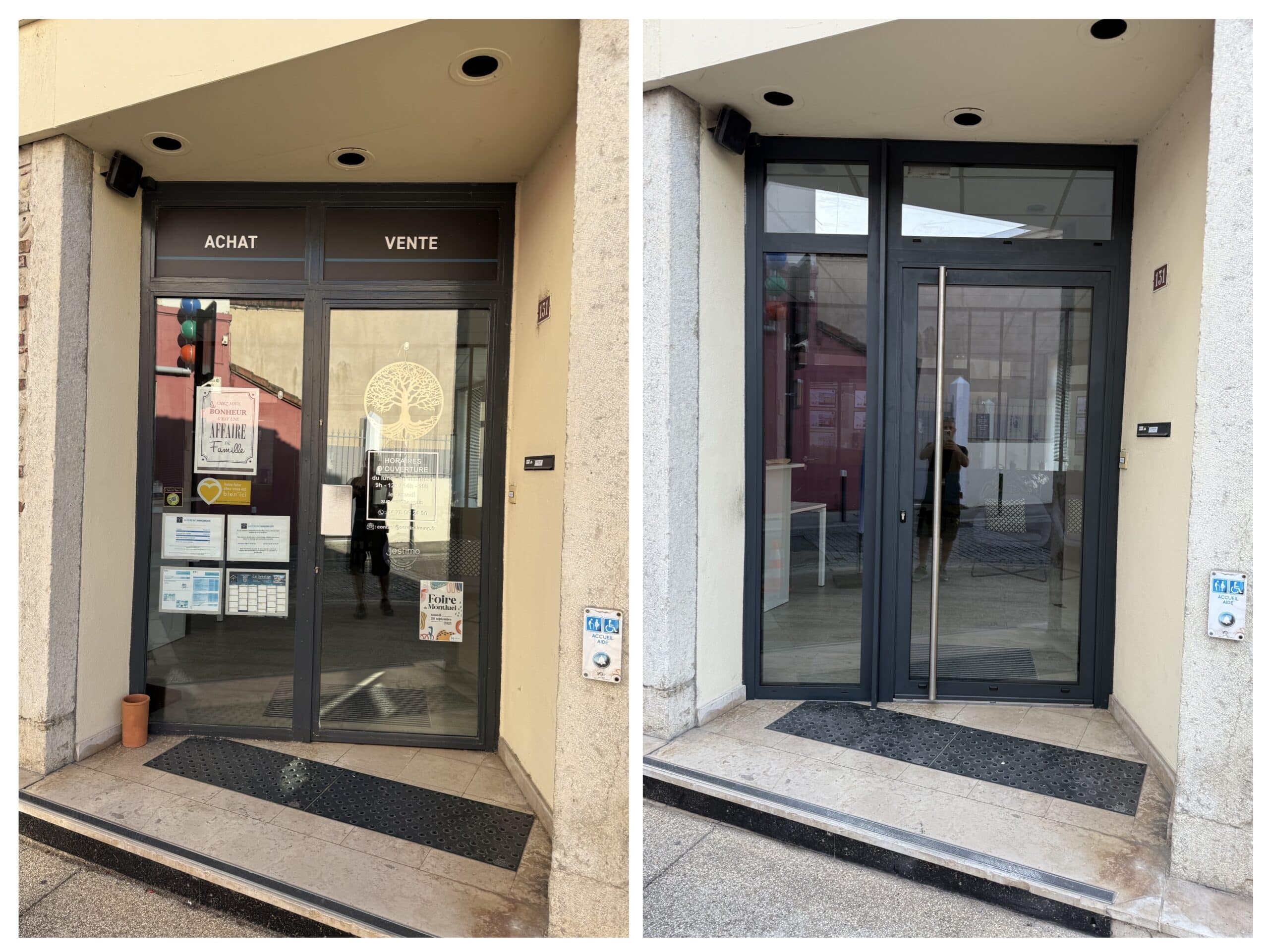 Avant-après rénovation d'une vitrine avec inscriptions Achat Vente vers un design moderne noir épuré.